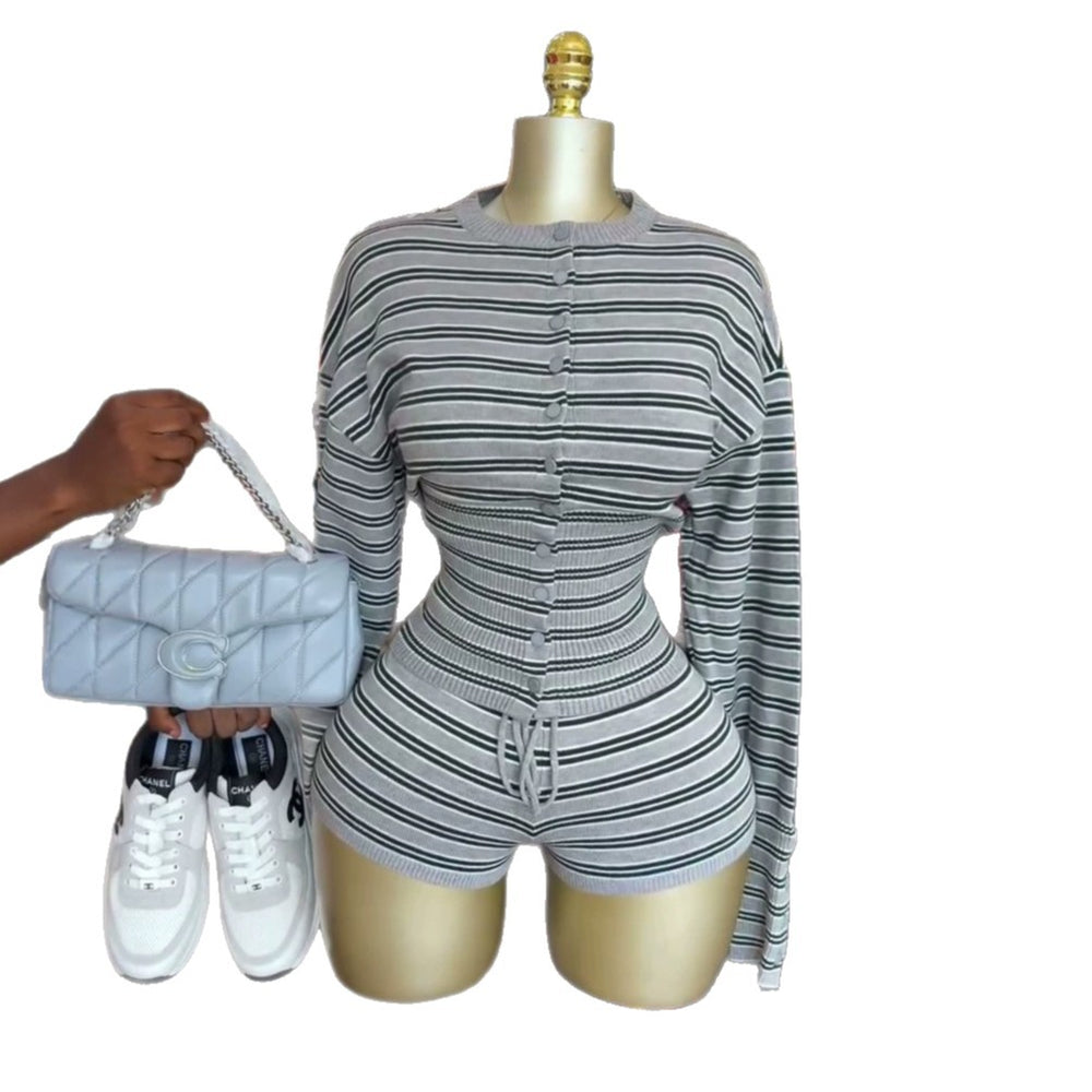 European and american cross-border women's clothing  summer new casual striped crew neck slim fit cardigan high waist shorts fashion set