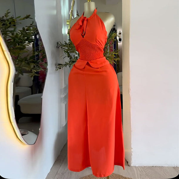 European and American  women's clothing 2025 summer new temperament neck strap sleeveless waist top skirt set