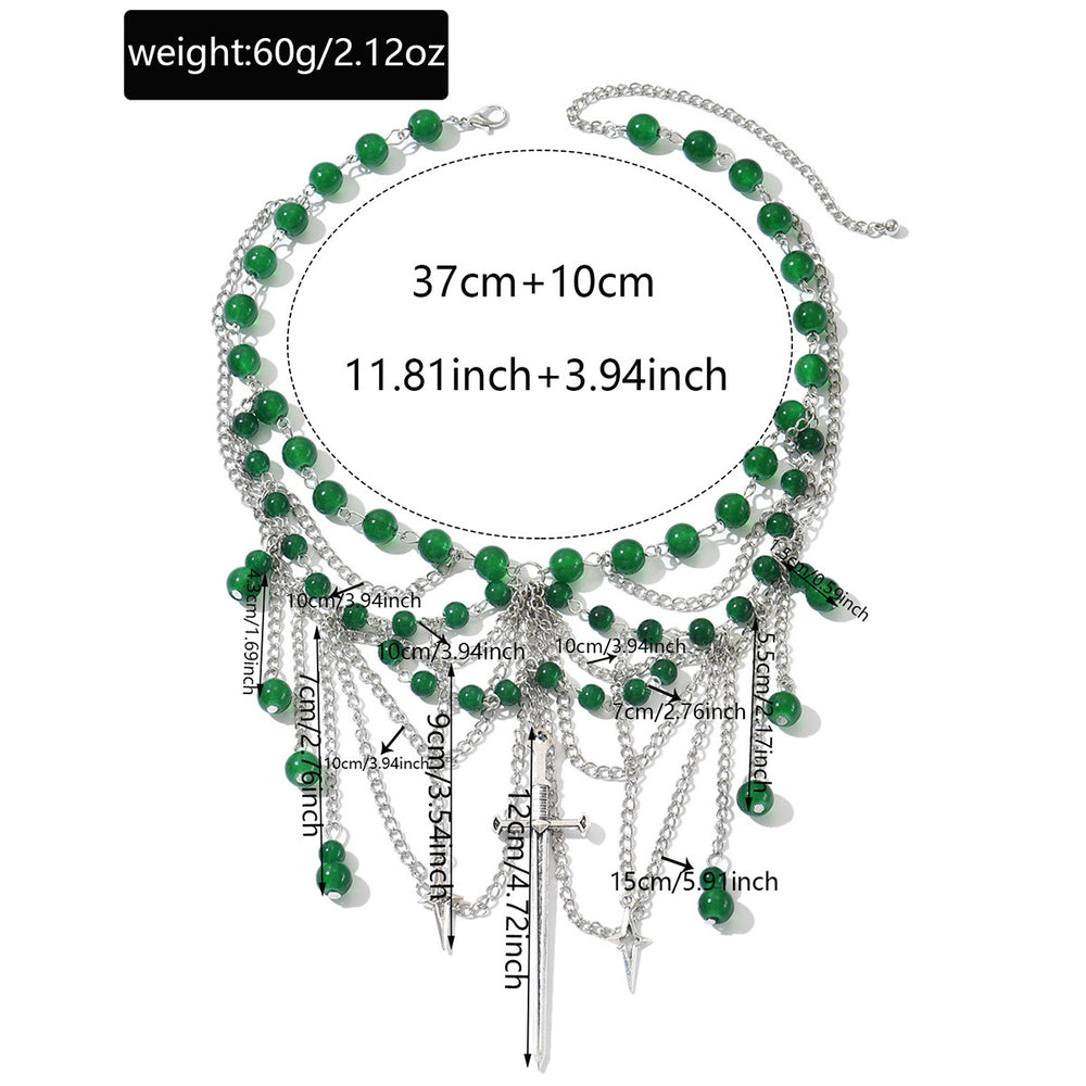 Stacked tassel necklace wholesale european and american cross-border retro gothic style accessories green beaded multi-layer choker necklace