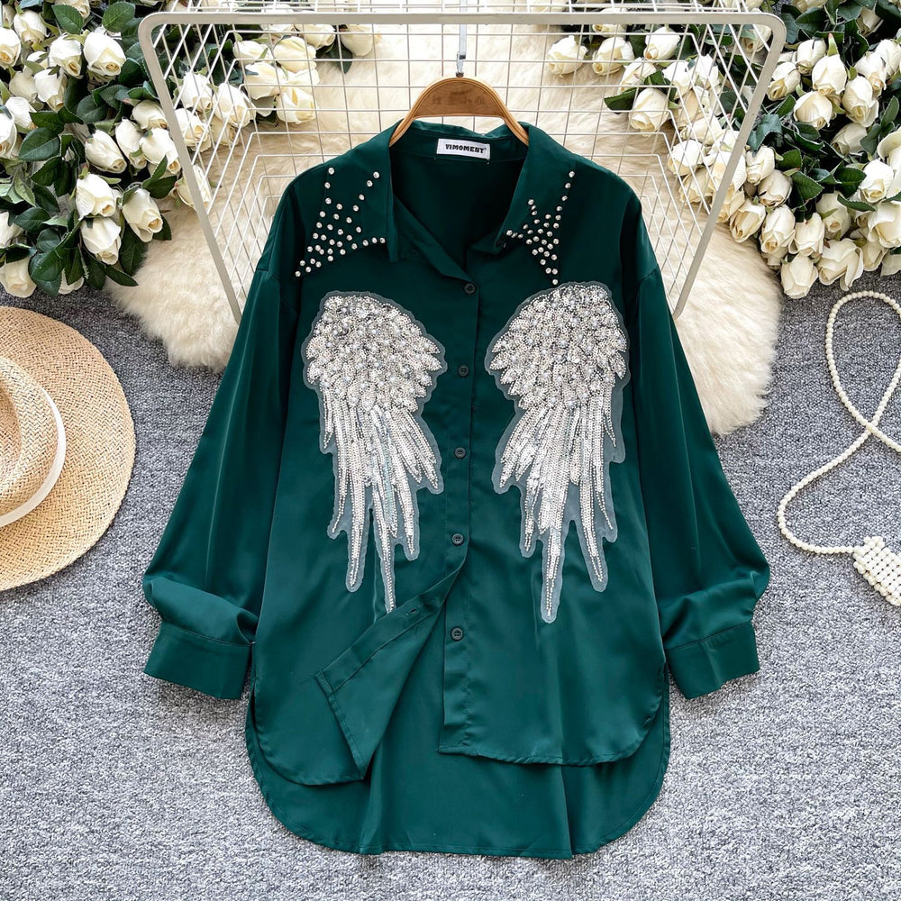 Classy heavy industry diamond-encrusted polo collar long sleevesshirt women's looseslimming lookcasualsequinembroider single-breasted tops