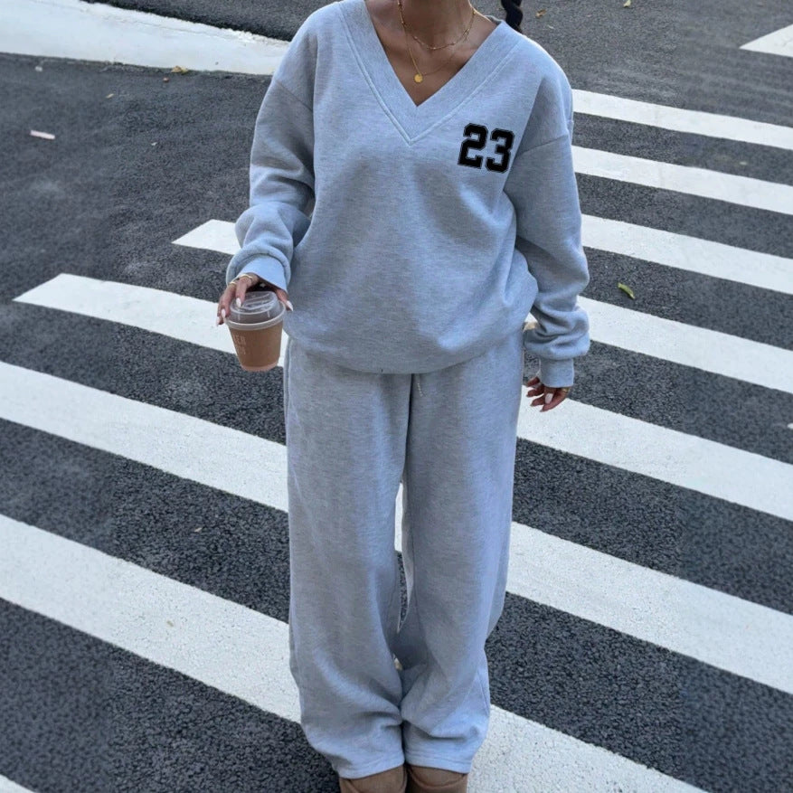 fashion cross-border women's suit v neck printing loosesweatshirt wide leg sweatpants two-piece set