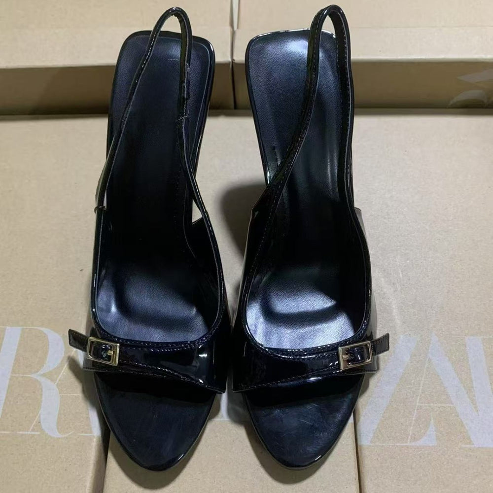 Za's 2025 spring new arrivals: burgundy and black women's patent leather peep-toe pumps with buckled ankle strap and stiletto heel