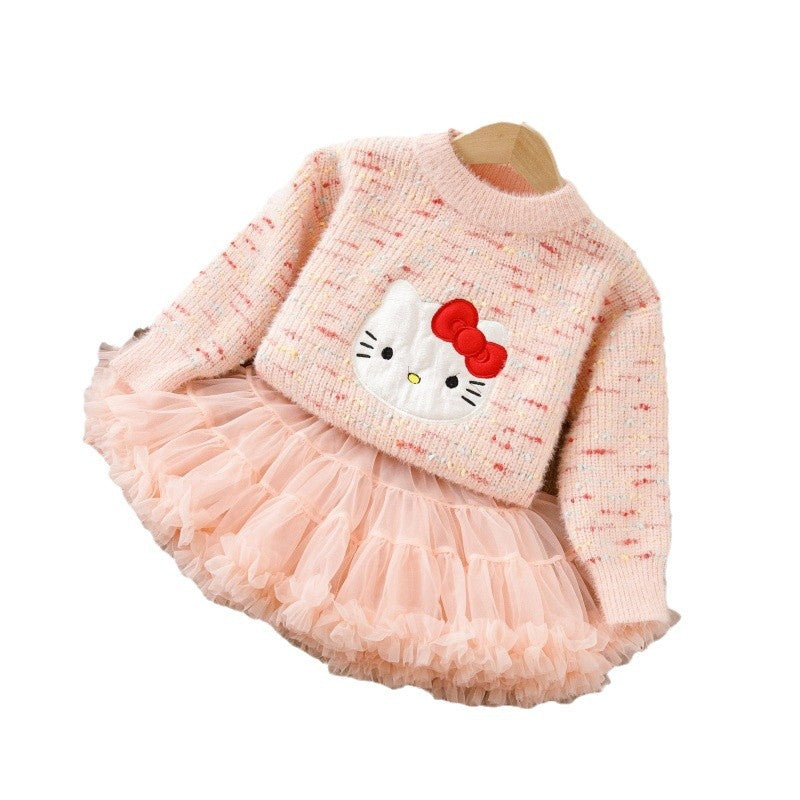 Girls' sweater cute cartoon cat fleece-lined thickened princess dress two-piece set puffy skirt autumn and winter new arrival outfit