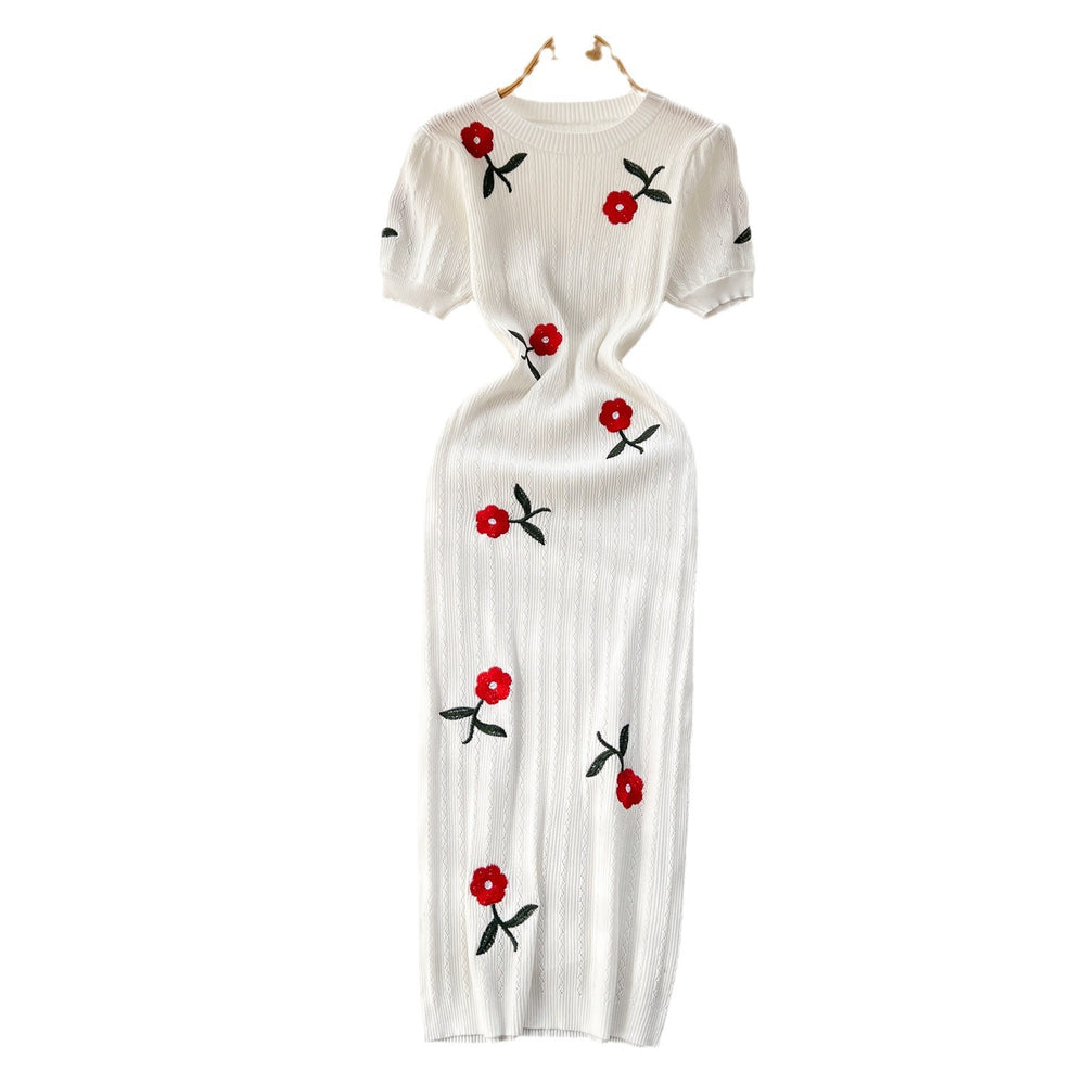 Summer dress: elegant embroidered rose knit dress - french style short sleeve, modern chinese style bodycon maxi dress