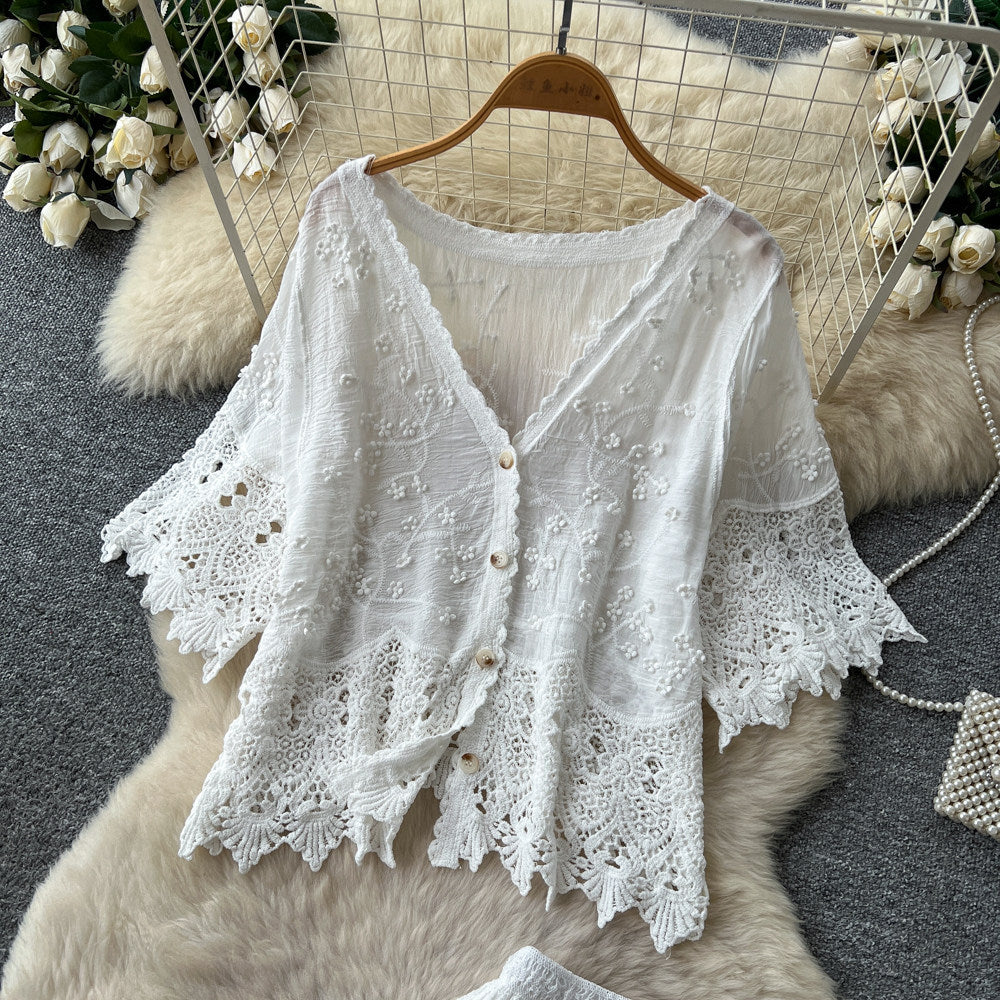 French riviera v-neck lace top & high-waisted midi skirt set - effortless summer chic