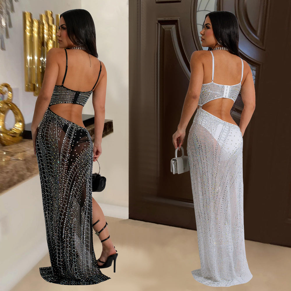 C6949 cross-border   independent station fashion fashion women's fashion hot diamond see-through dress length