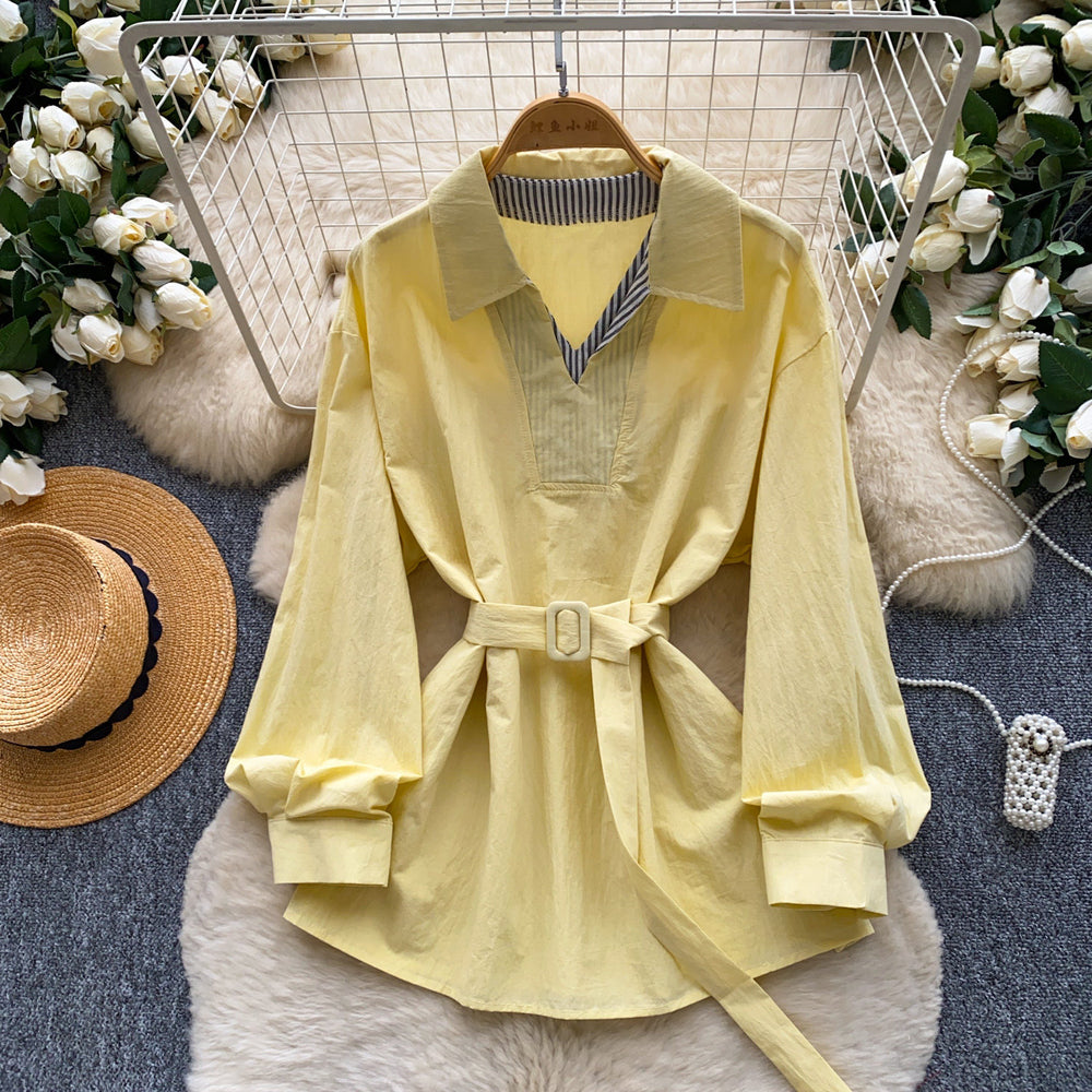 Korean style commute-friendly, skin-friendly & breathable yellow shirtdress - women's long sleeve tie-waist slimming design top