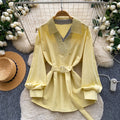 Korean style commute-friendly, skin-friendly & breathable yellow shirtdress - women's long sleeve tie-waist slimming design top
