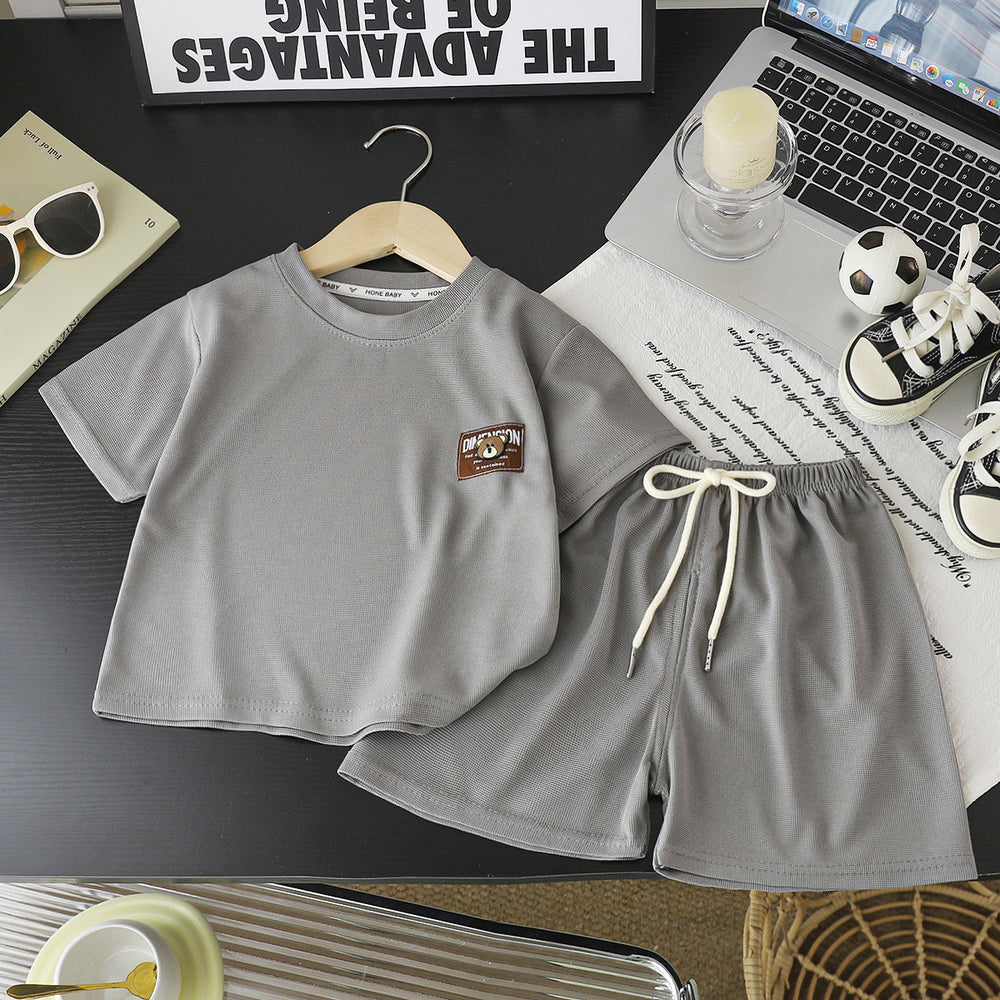 Summer kids' waffle knit short sleeve set: boys' casual activewear, girls' loose-fit t-shirt, wholesale baby clothes