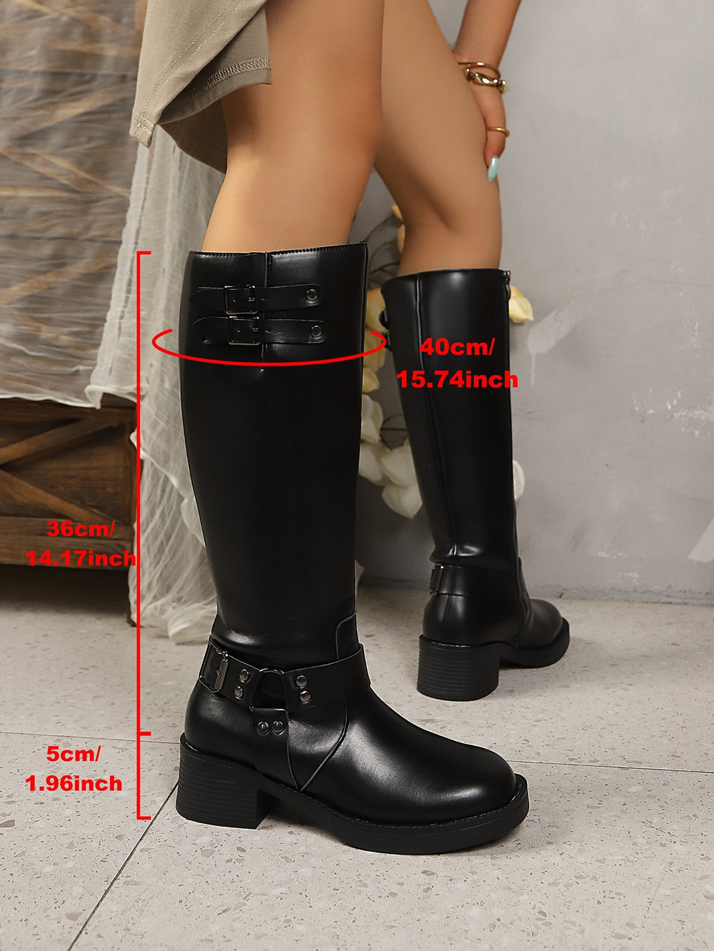 autumn new arrival: knight boots, long boots, leather buckle detail, mid-calf motorcycle boots, vintage western cowboy boots