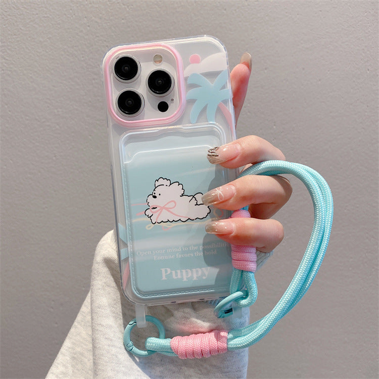 Suitable for apple 16pro creative lanyard card holder mobile phone case iphone11/14 cartoon puppy tpu protective cover