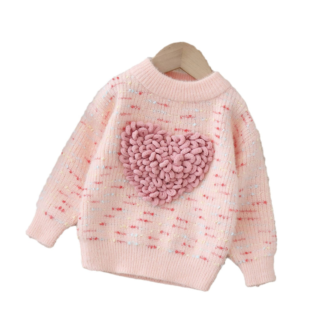 Girlsweater round neck knitting bottom shirt new arrival heartcolorfulsweetfleece-linedthickened children's sweater