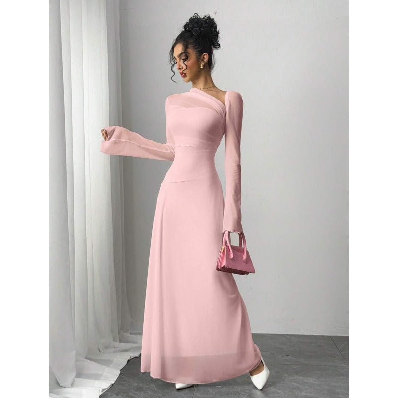 fashionautum mesh patchworklong sleeveselegance asymmetrical pleated silma-linedress women