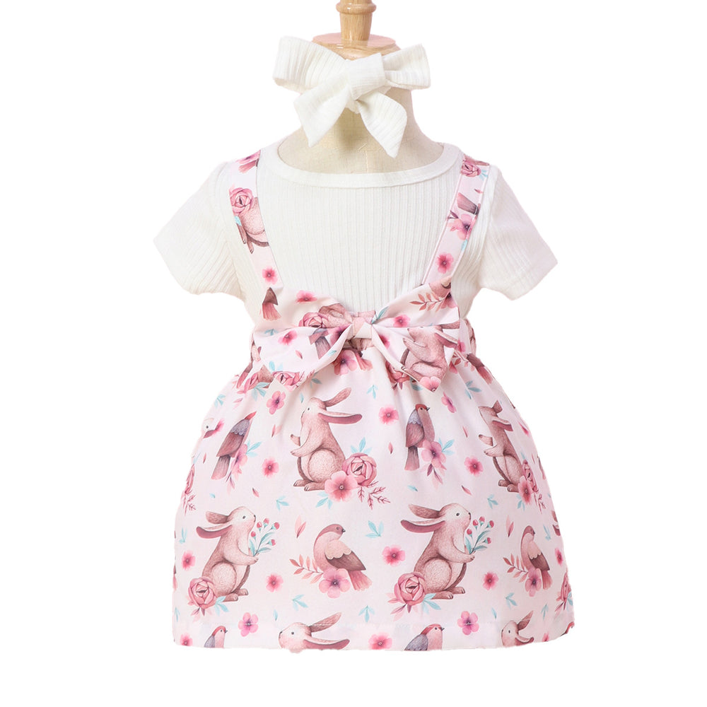 exclusive supply of infant and toddler short-sleeved bow-printed bunny dress, dropshipping available