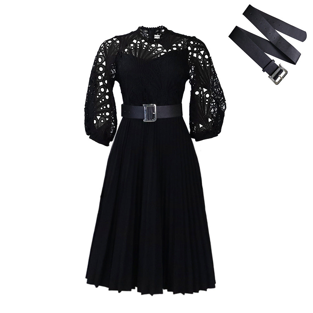 Amazon foreign trade women's clothing  new lace crochet sexy hollow-out pleated patchwork cross-border fashion dress