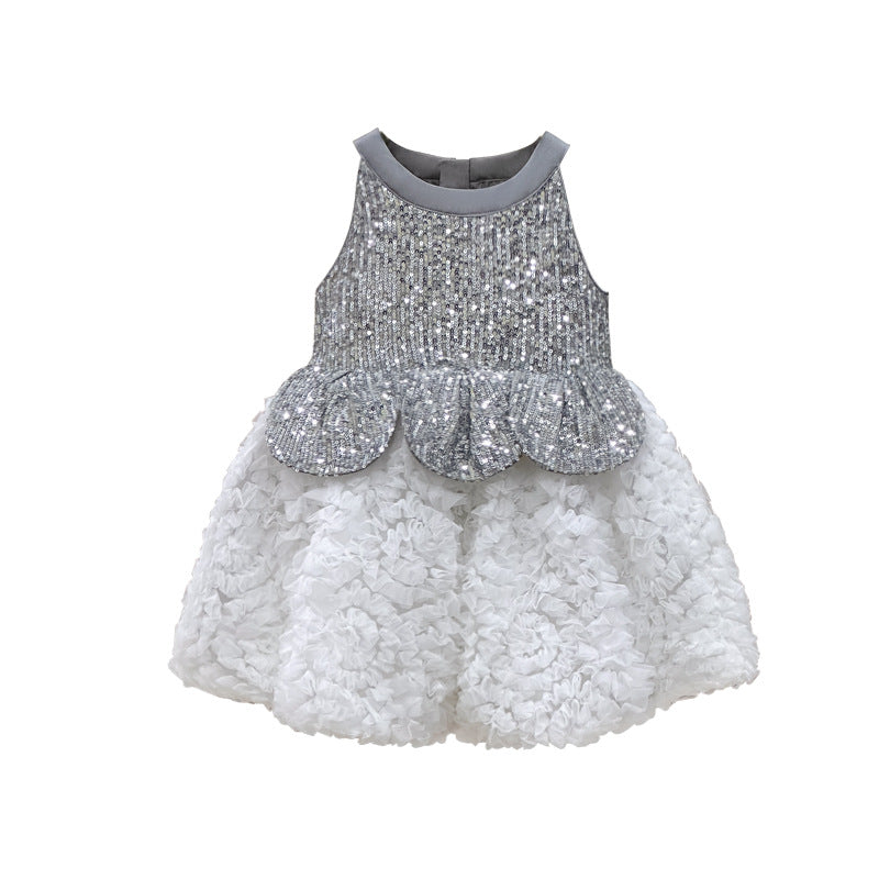 【clearance】girls' dress  summer heavy-duty sleeveless petal patchwork tank dress high-end formal gown