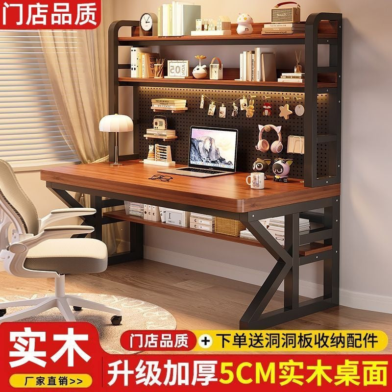 Thickened solid wood desk computer desk for home hole desk bookshelf table all-in-one combination student bedroom office desk