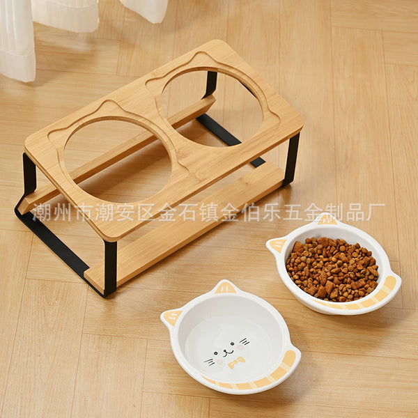 Ceramic double bowl oblique neck protection cat water bowl basin rack anti-knock cat bowl double bowl cat food basin cat supplies pet bowl