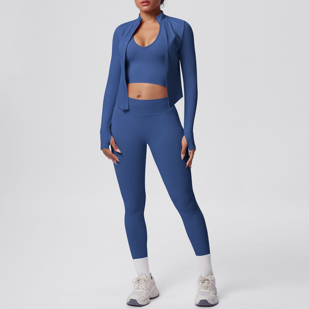 Seamless solid color compression breathable high-elastic yoga set - 3 piece workout outfit for running, fitness, and yoga