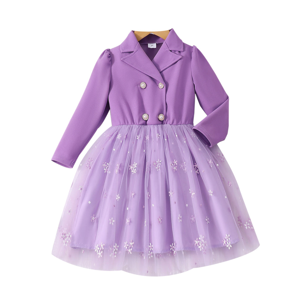 Girls' dress for toddlers and young children, collared button-down mesh long-sleeve dress