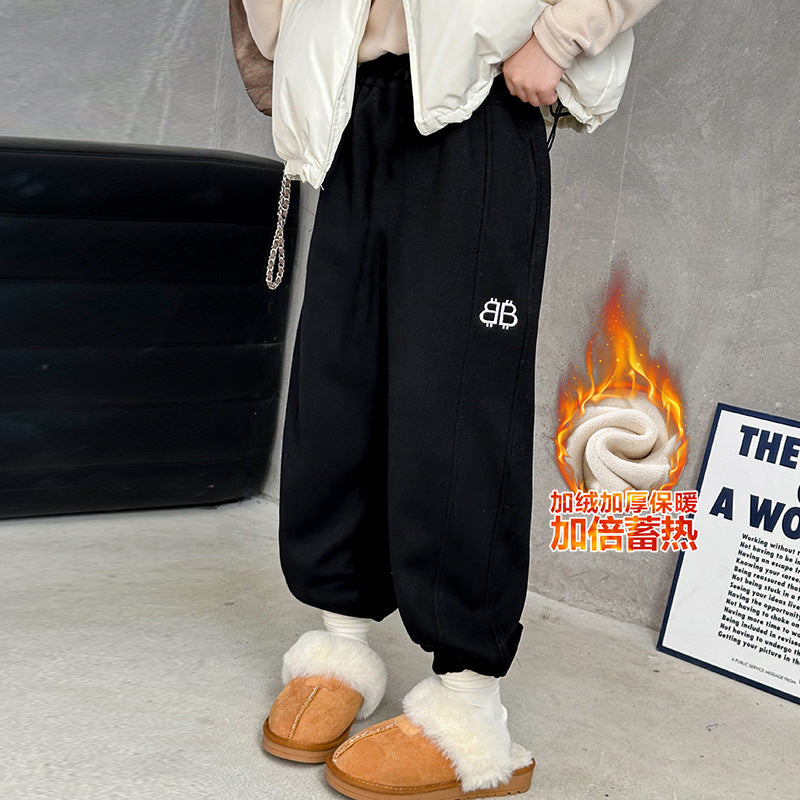 Girls' fleece-lined thickened sweatpants - new  winter collection: stylish, casual, loose-fit athletic pants for trendy little girls
