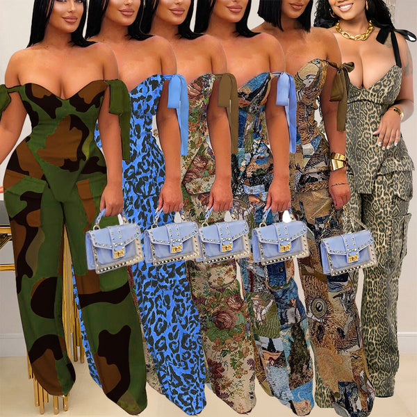 K3296 European and American printed oil painting pattern strap drawstring multi-pocket pants set
