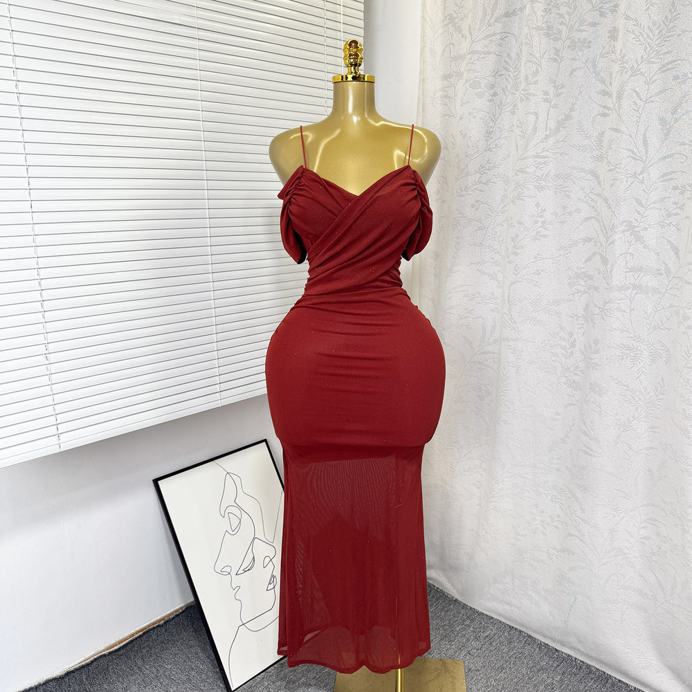 Export cross-border elegancepure color one shoulder suspender silmdress female summer pure lust style high waistelegant hip skirt