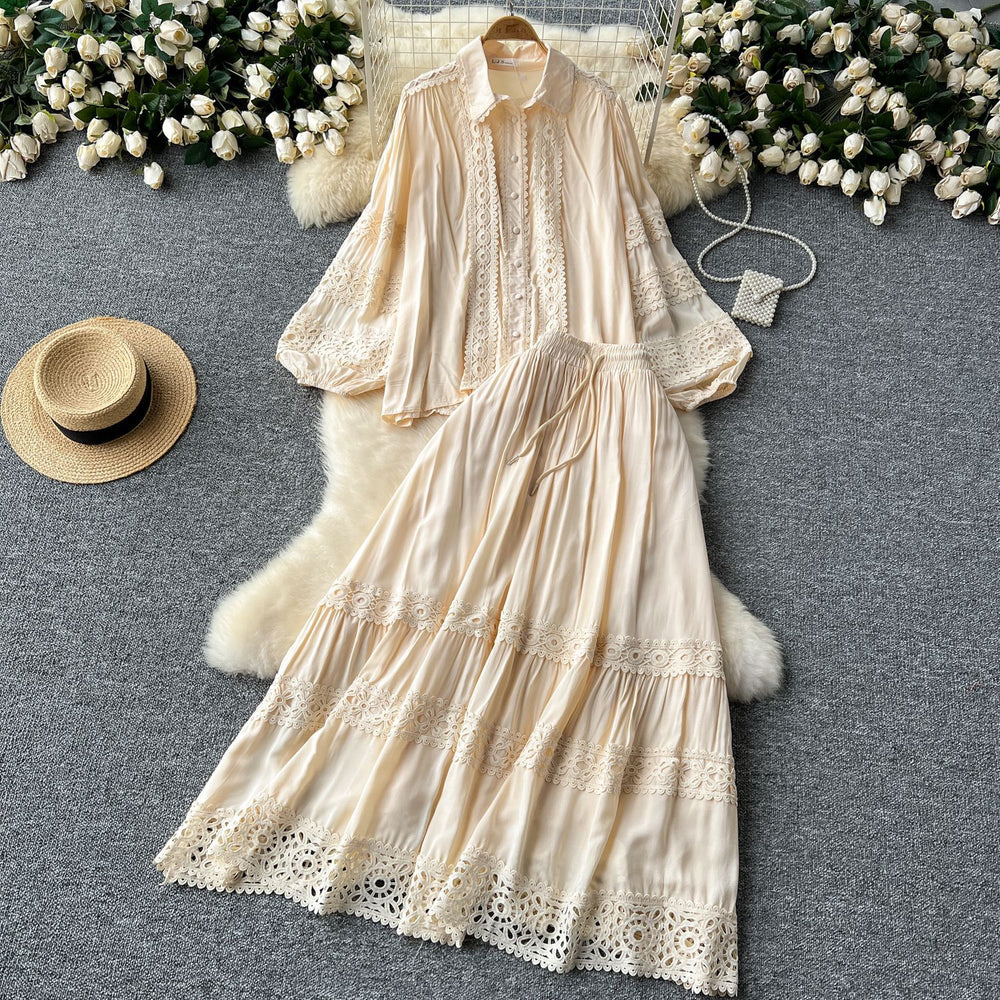 Age-reducing suit for women classy sense cut outlacepatchwork lantern long sleevesshirt + high waistslimming look large swing skirt