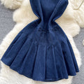 Classy sense of niche fashion sleeveless round neck denim dress for women summer waist slimming lookelegant pleated vest dress