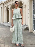 cross-border fashion: european & american  style - sleeveless round neck ruffle hem top with high-waisted straight-leg pants