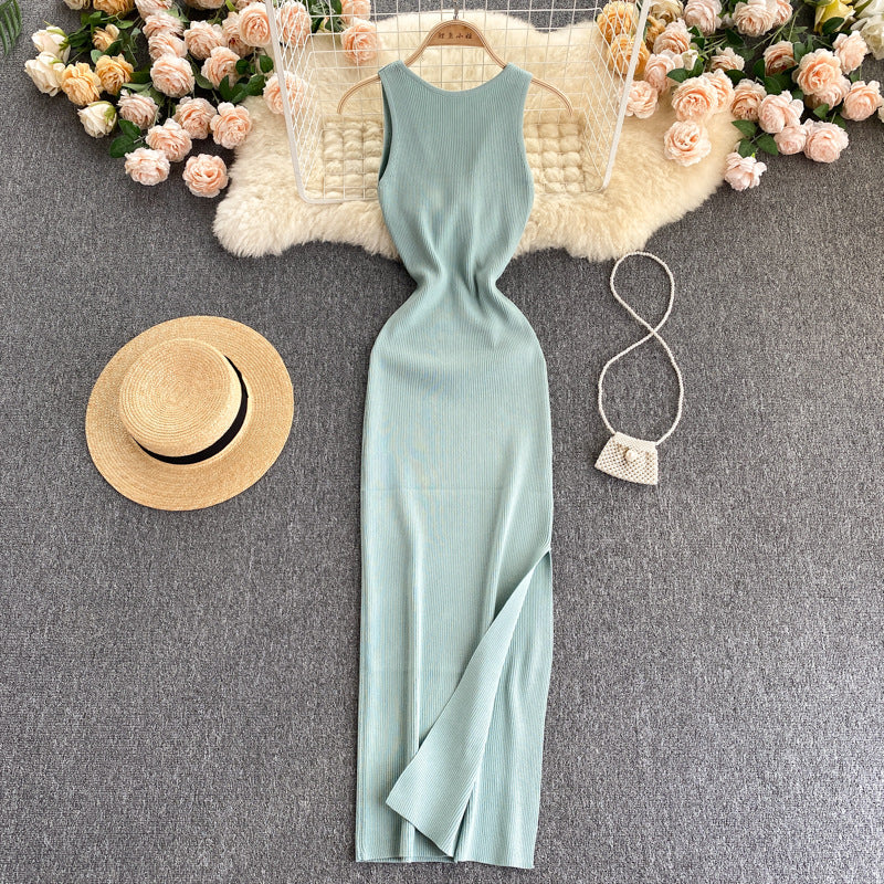 European and american style ins women's summer new sexy twist knot cleavage-enhancing hollow-out fashion two-way knitted dress