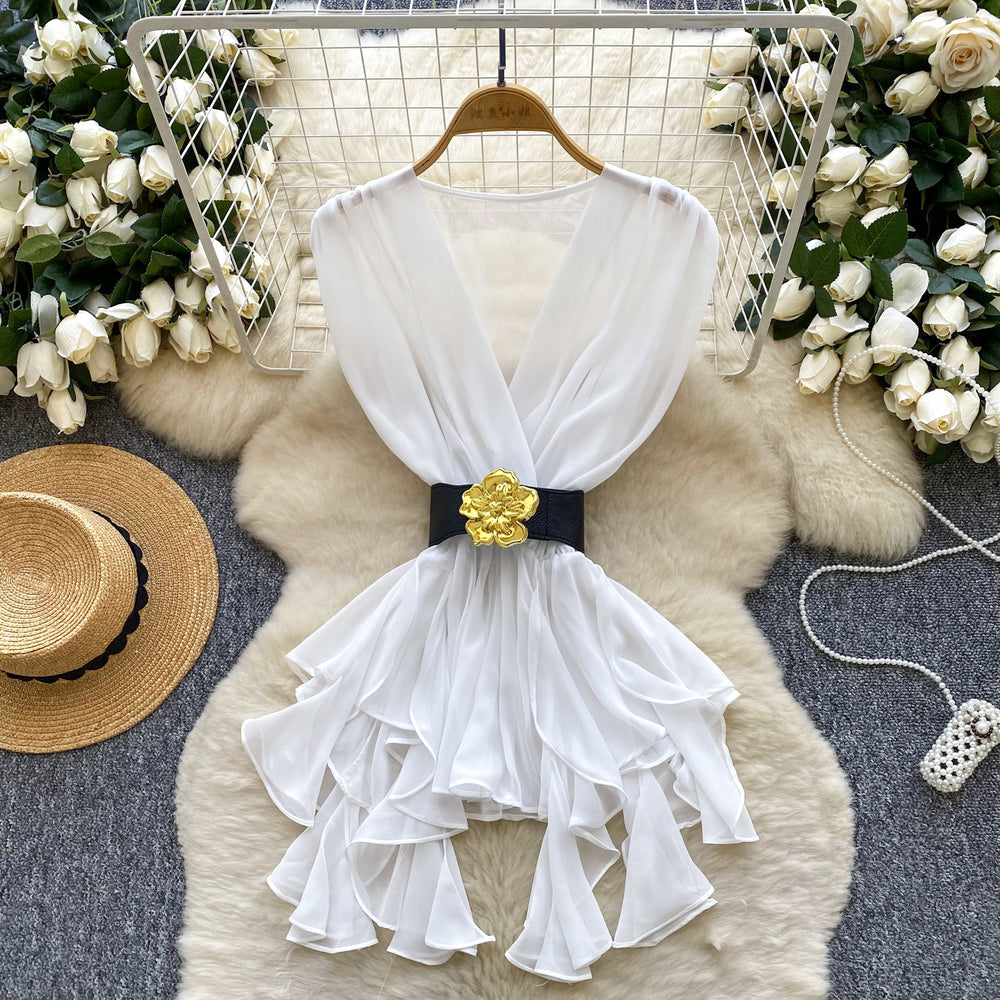 European and american style sleeveless blouse for women - summer mesh crossover neck with belt, asymmetrical design, mature and chic top