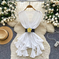 European and american style sleeveless blouse for women - summer mesh crossover neck with belt, asymmetrical design, mature and chic top