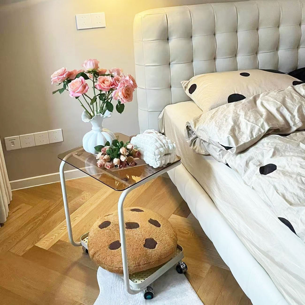 Cream style popular wheeled trolley bedroom glass side table small apartment living room movable sofa storage rack