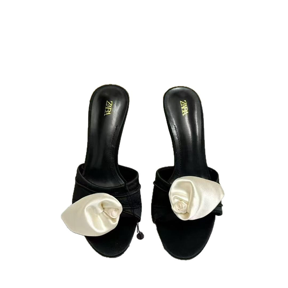 Za french floral fashionable elegant outdoor slippers for women, 2025 summer new collection, versatile stiletto heel, square toe, open toe, single strap