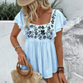 European and american cross-border women's lace square neck short sleeve embroidered blouse - new  spring/summer cool & casual style