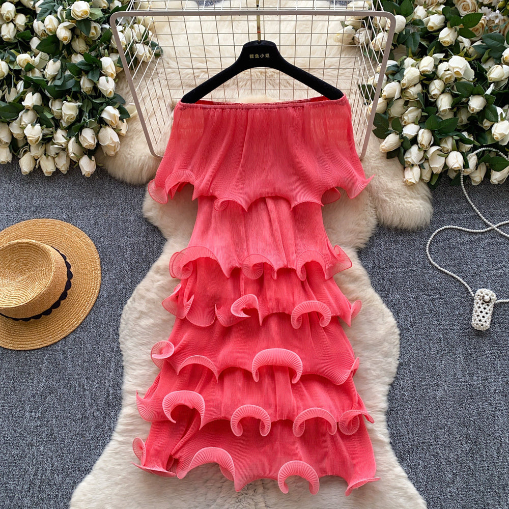 Accessible luxury dopamine ruffles cake skirt elastic women's super hot silm a-line dress classy sense vacation skirt