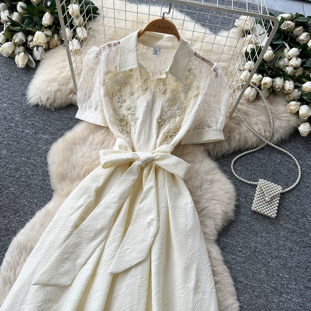Korean style commute chic white lace elegant dress - women's summer tie-waist a-line dress - slimming and flattering