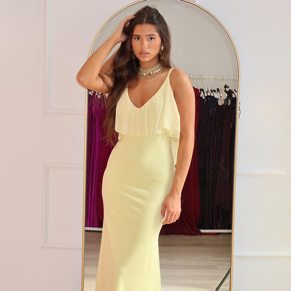 European and american style women's summer  new arrivals: solid color v-neck camisole ruffle trim sexy bodycon mini dress wholesale