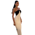 European and american style cross-border black and white women's halter neck slim-fit sleeveless hiking bodycon skirt color block elegant outdoor maxi dress
