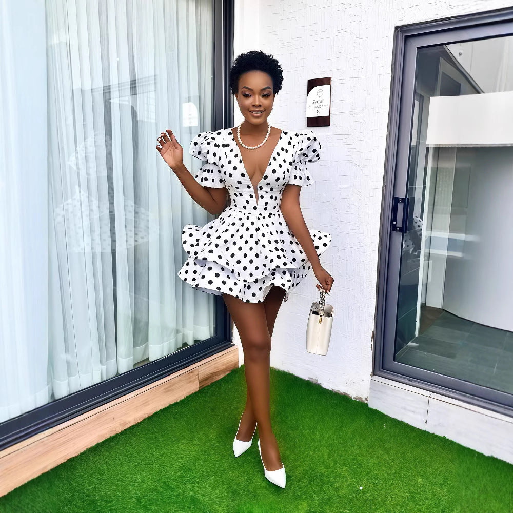 European and american cross-border women's fashion:  summer new arrival - polka dot print, puff sleeve, deep v-neck, ruffle trim, short dress