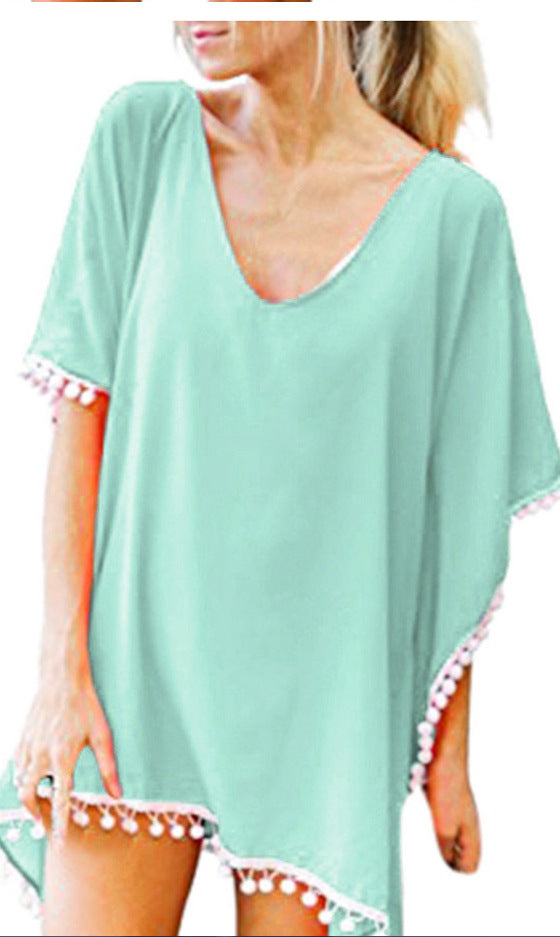 fashionnew arrivalprinting tassel small white ball chiffon beach skirt blouse ready-made trendy brand