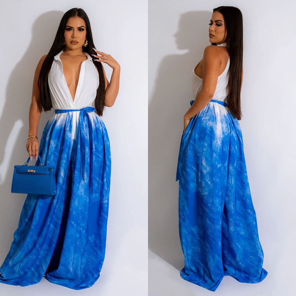 Fashion women's c6351 cross-border   european and american printing sleeveless v neck strap wide leg pants jumpsuit