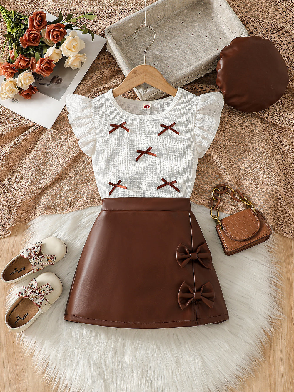 cross-border girls' spring/summer new collection: bow-embellished textured top + pu leather a-line skirt with matching hat - 3-piece set