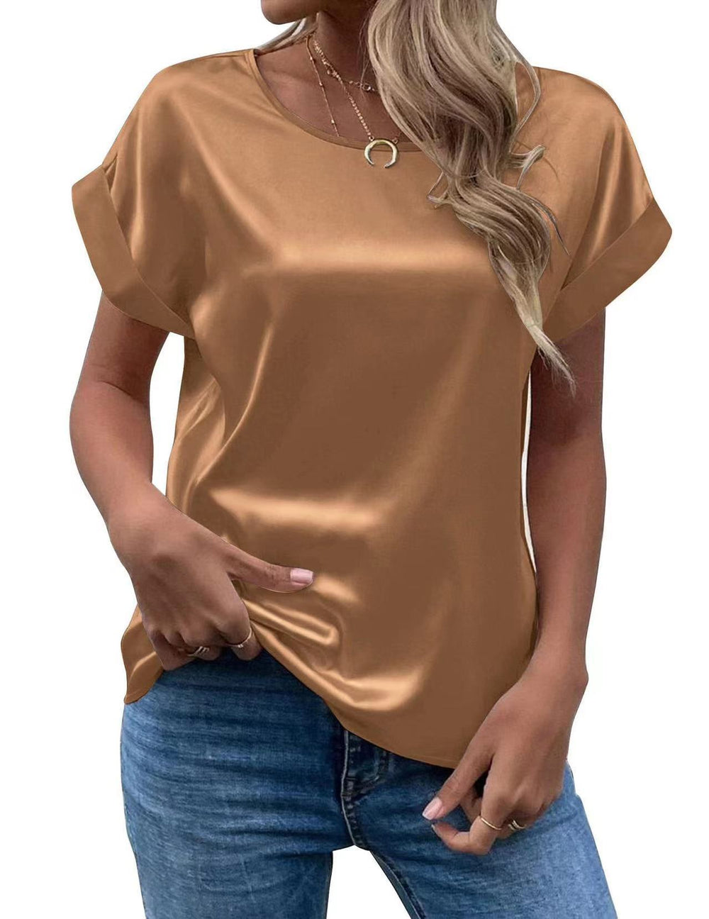 Women's short-sleeve satin blouse - relaxed fit, versatile crew neck, satin shirt - cross-border   new arrival