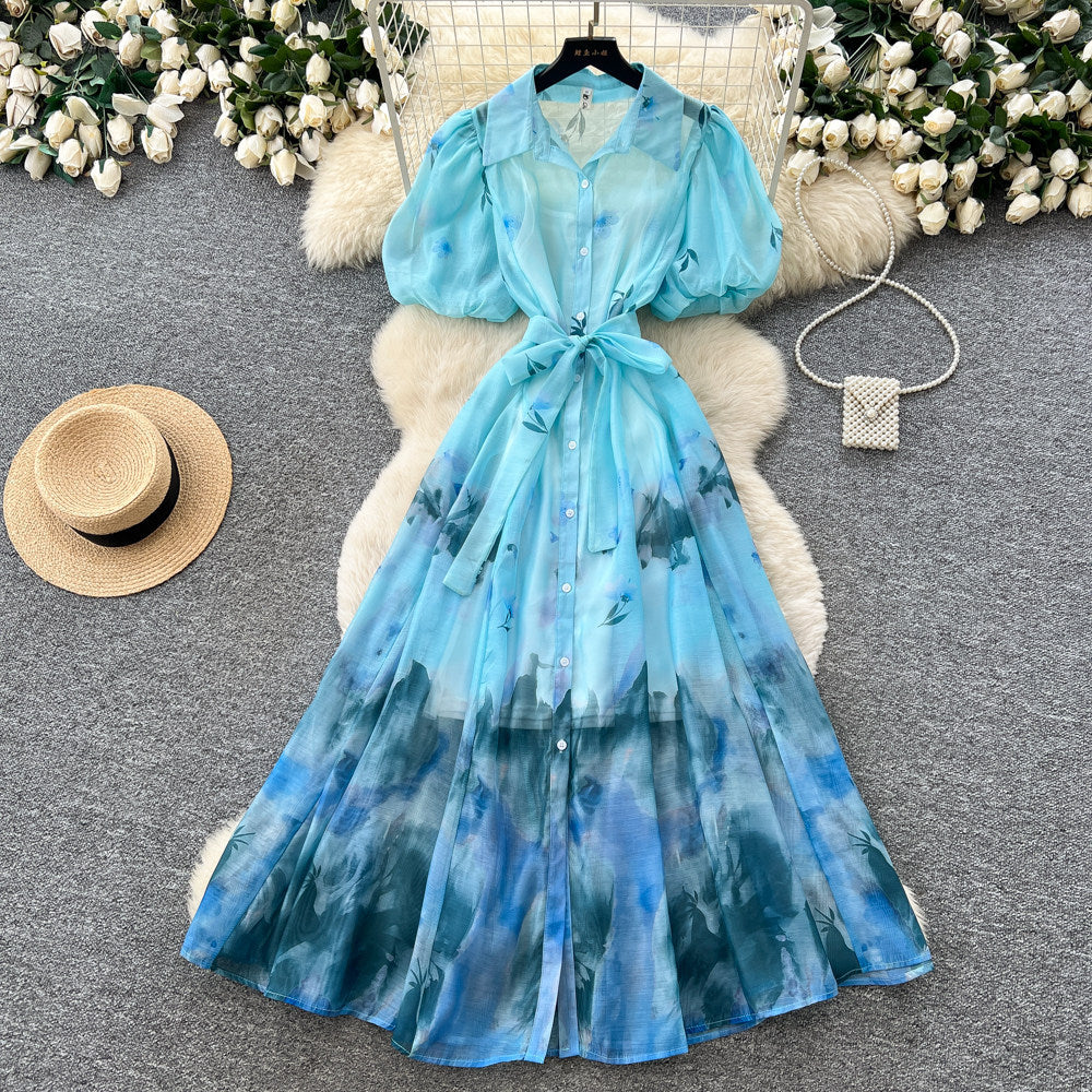 Light mature style tie-dye gradient printingshirt skirt women's summer lapel lantern sleeve tie back waist a-line long skirtelegant