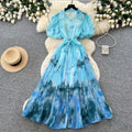 Light mature style tie-dye gradient printingshirt skirt women's summer lapel lantern sleeve tie back waist a-line long skirtelegant
