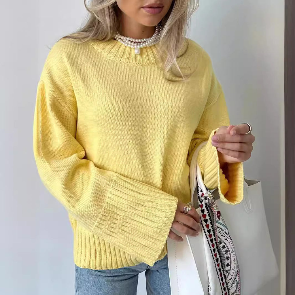 European and American   women's clothing loose women's long-sleeved round neck casual pullover knitted sweater fashionable solid color sweater women