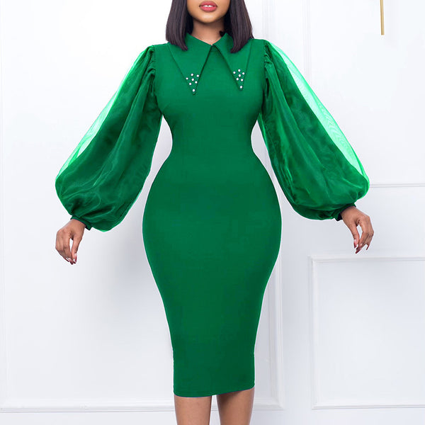 D307 European and American women's clothing spring and autumn long-sleeved large-size hip-wrapped beaded mesh yarn splicing commuter pencil skirt  dress