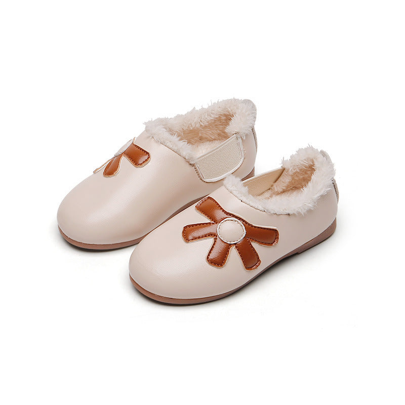Girls' fleece-lined leather shoes, autumn/winter , double-layer cotton campus flats, loafers, princess shoes for girls